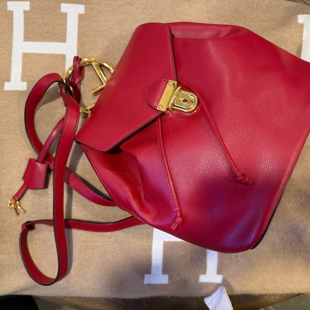 Fendi Red Leather Drawstring Backpack with Gold H… - image 1